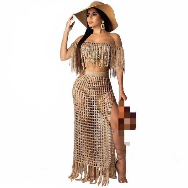 

jrry casual women knitted set slash neck cover ups slit skirt tassel crocheted 2 pieces set hollow out crochet beach wear 220620, White