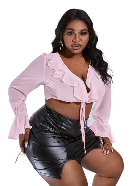 

sxy plus ruffle trim tie front blouse m0p9#, Black