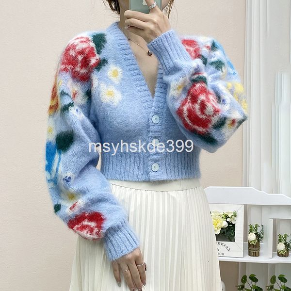

women's knits & tees blue flower velvet short coat mohair cardigan women's lantern sleeve slim fit early spring knitted sweater, White