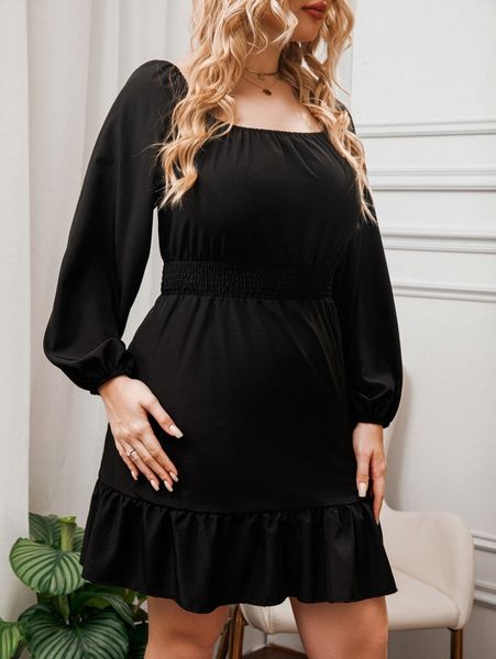 

plus square neck shirred waist lantern sleeve ruffle hem dress 432e#, Black