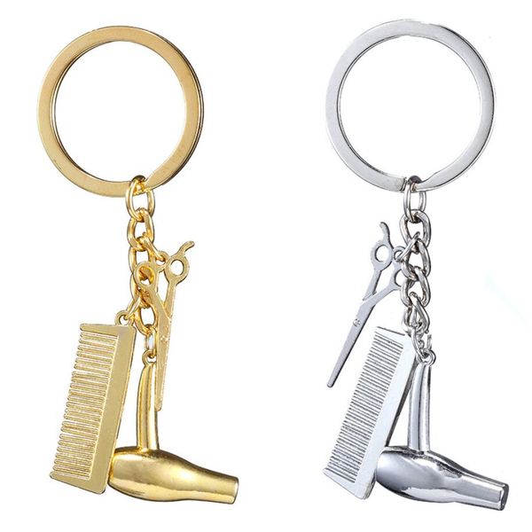 

barber shop tools key ring hair dryer scissors comb pendants simulation keychain dresser present hairdresser gift, Silver