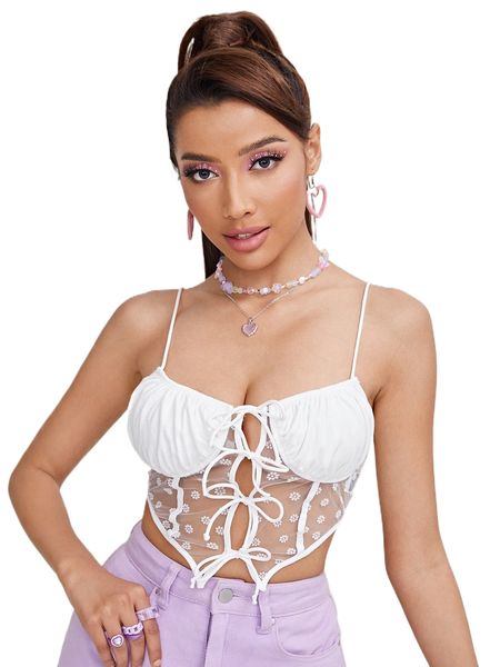 

contrast mesh lace up ruched bust cami z8h6#, White
