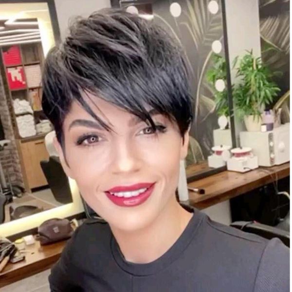 

short human hair wigs pixie cut wavy full machine made nonelace wig with bangs perruque cheveux humain natural curly wig for black women, Black;brown