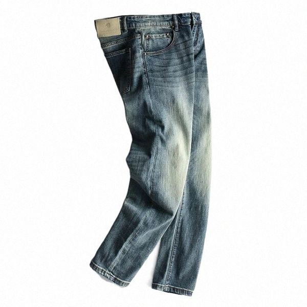 

men's jeans 2021 autumn japanese retro light blue moustache effect washed old fashion simple elastic slim straight pants 13gb#