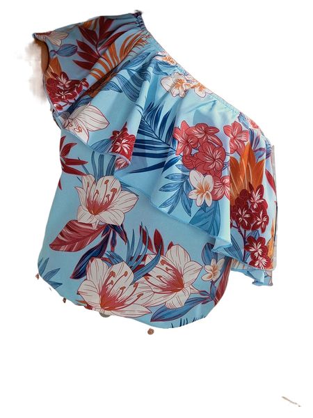

floral print one shoulder ruffle trim y2pr#, White