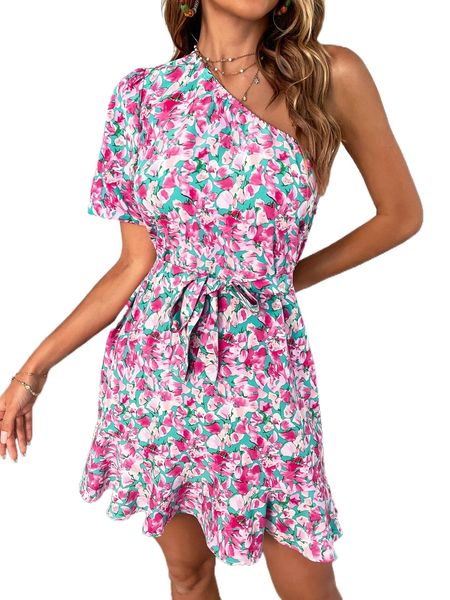 

allover floral print ruffle hem belted one shoulder dress q7do#, Black;gray