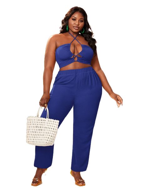 

sxy plus crisscross front shirred back halter & pants g7ak#, Black