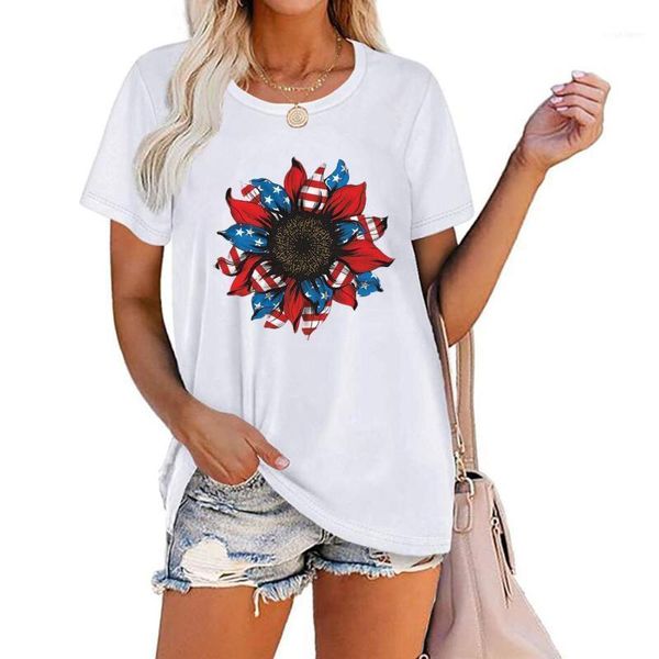 T-shirt feminina verão feminino American Flag Wrinalh USA Graphic Sleeve Sleeve Tops 2022 Harajuku Streetwear Roupas A40