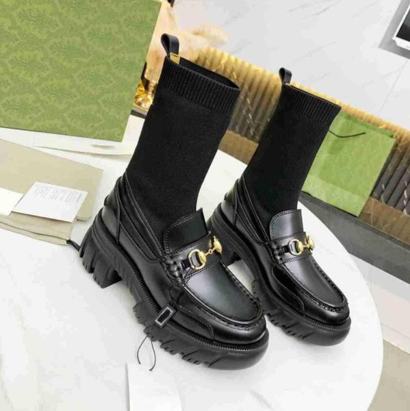 

2021 designer ladies long socks boot women interlocking double g jacquard striped ankles boots fashion winter thick sole embroidered print a, Black