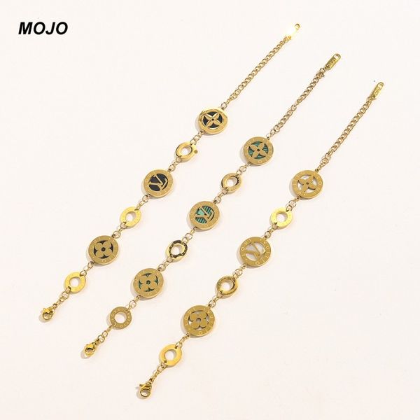 

classic design roman numerals clover charm bracelet 18k gold stainless steel chain jewelry, Golden;silver
