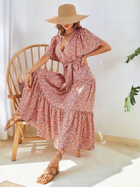 

ditsy floral print butterfly sleeve ruffle hem belted dress q66c#, Black;gray