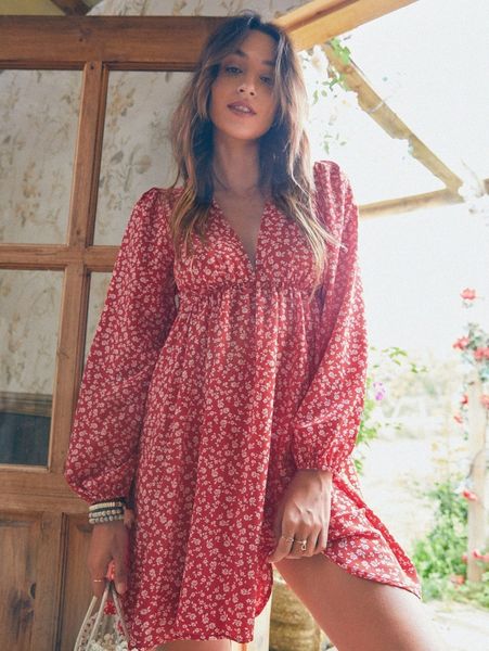 

lantern sleeve ditsy floral print dress v9tv#, Black;gray