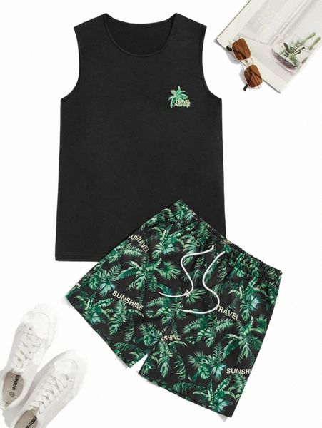 

men tropical & letter graphic tank & drawstring waist shorts d4vy#, Gray