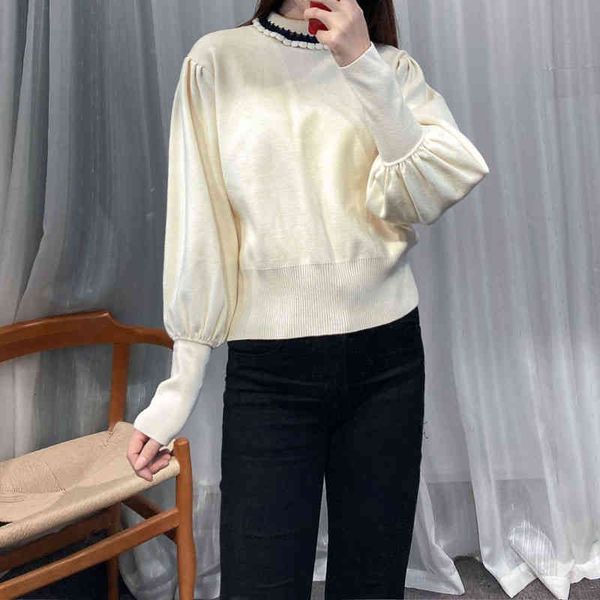 

women's sweaters french spring neckline floret three-dimensional decoration sweet temperament loose round neck knitted pullover women l, White;black