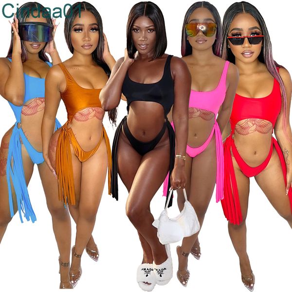 Costume da bagno sexy con nappa per donna Abbigliamento estivo da donna Sottile abbigliamento da spiaggia bikini tinta unita per adulti