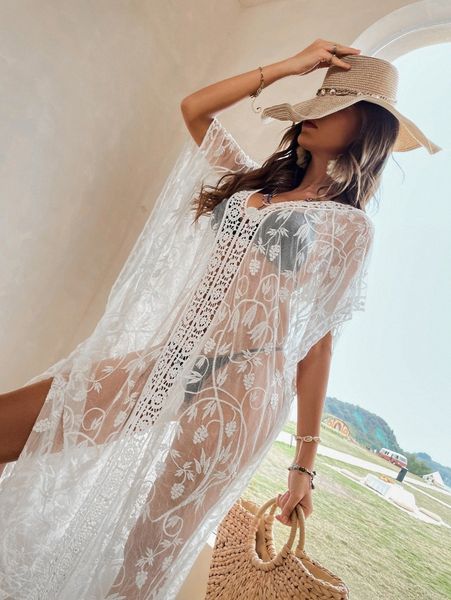 

floral embroidery cover up h2nw#, White;black