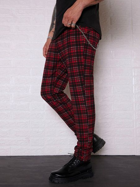 

men tartan chain detail pants 65lz#, Black
