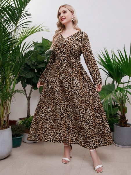 

plus leopard print belted dress t6bd#, Black