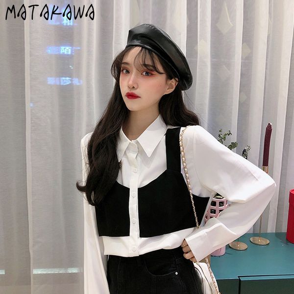 

french turndown collar blusas fake twopiece women blouse longsleeved temperament ladies shirt female 210506, White
