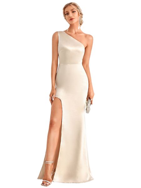 

one shoulder split hem bridesmaid dress b63s#, White;black