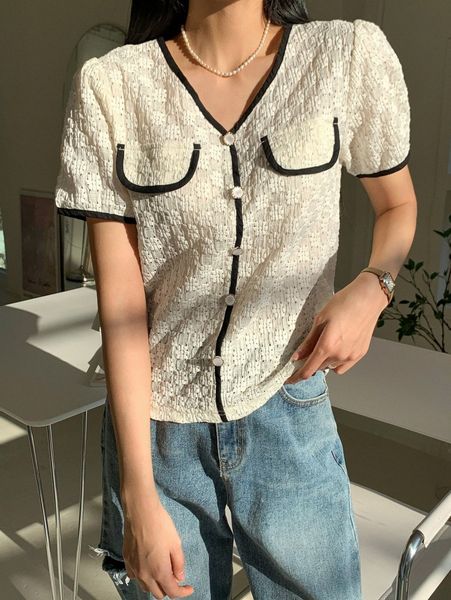 

dazy contrast binding button detail blouse l5jb#, White