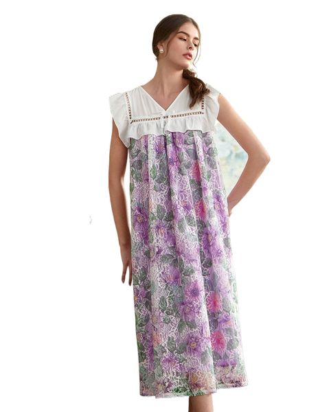 

floral print ruffle trim eyelet lace insert nightdress i7d9#, Black;red