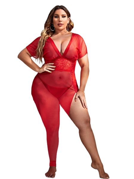 

plus contrast lace split thigh mesh dress & thong 72nc#, Black;white