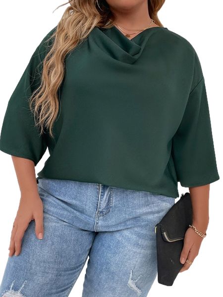 

plus draped collar drop shoulder blouse k2iu#, Black