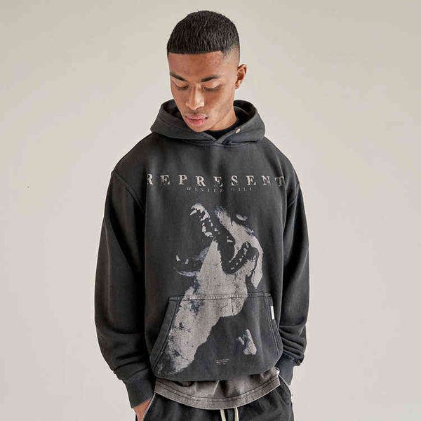 

coyote present print hoodie high street wash used casual couple pullover, Black