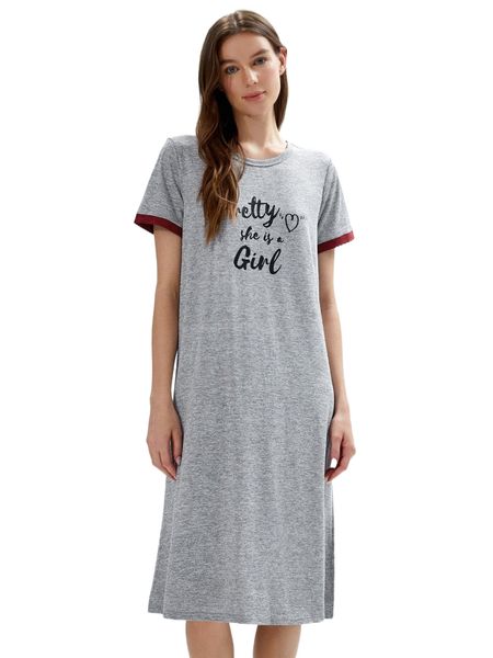

heart & slogan graphic contrast trim nightdress j5g1#, Black;red