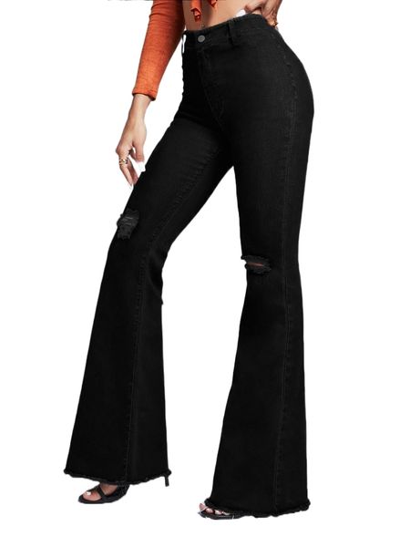 

high waisted raw hem flare leg jeans t8dv#, Blue