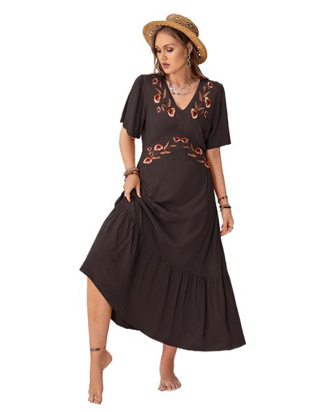 

rusttydustty plus floral embroidery butterfly sleeve ruffle hem dress l0pf#, Black