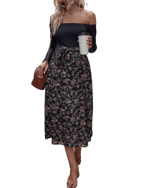 

floral print off shoulder belted dress b5xt#, Black;gray