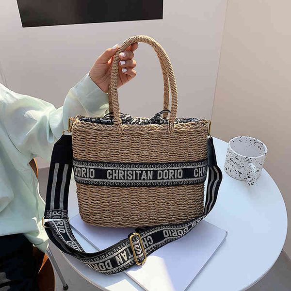 

straw basket bag women's bag 2022 new literary and artistic weaving style one shoulder leisure letter drawstring trend messenger