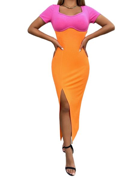 

colorblock sweetheart neck slit thigh bodycon dress i531#, Black;gray