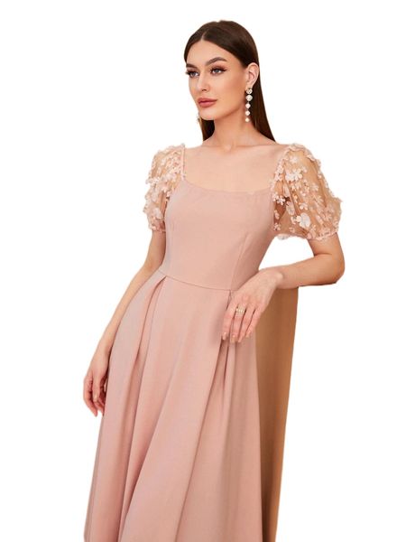 

contrast mesh appliques puff sleeve dress without belt e74s#, Black;gray