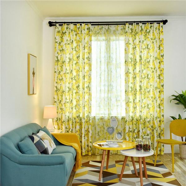 Cortinas cortinas de estilo nórdico cortes do padrão de limão Sala de estar amarela Tulle Sheer Kitchen Window Treatments DrapeScurtain