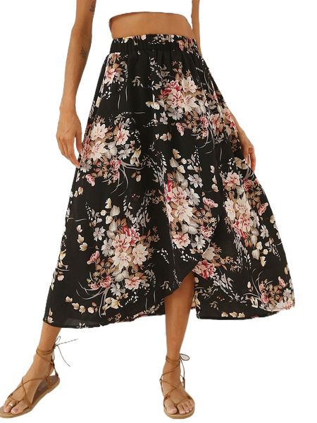 

floral print wrap skirt n9q3#, Black