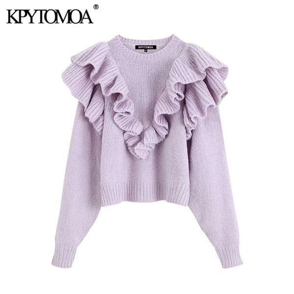 

vintage stylish ruffles short style knitted sweater women 2020 fashion o neck long sleeve sweet pullovers chic puff femme lj201126, White;black