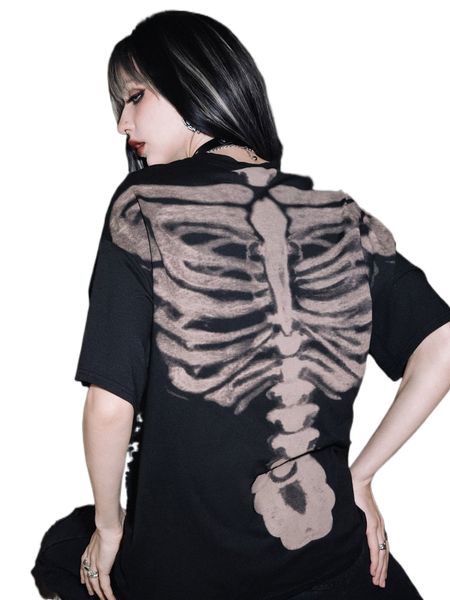 

romwe punk rock skeleton graphic drop shoulder tee v0n9#, White