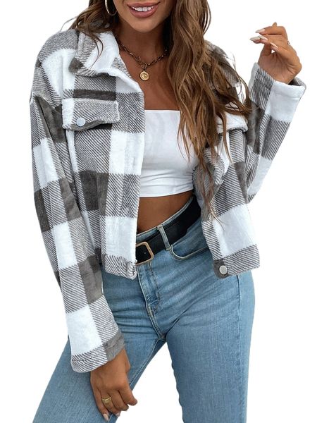 

buffalo plaid pattern drop shoulder crop flannel jacket k1xk#, Black;brown