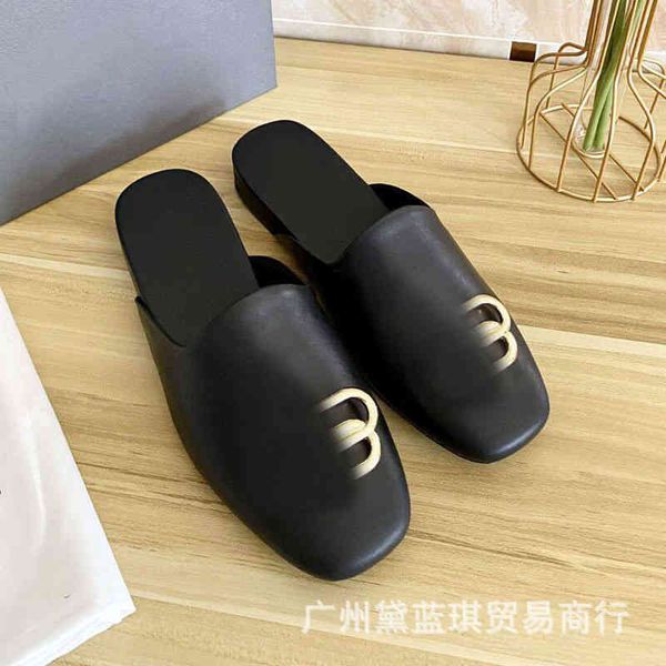 

slippers slipper b's spring and summer cowhide round head baotou flat bottom slippers muller shoes lazy women's casual, Black