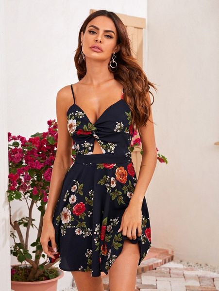

twist cut out front tie back floral print slip dress e93f#, Black;gray