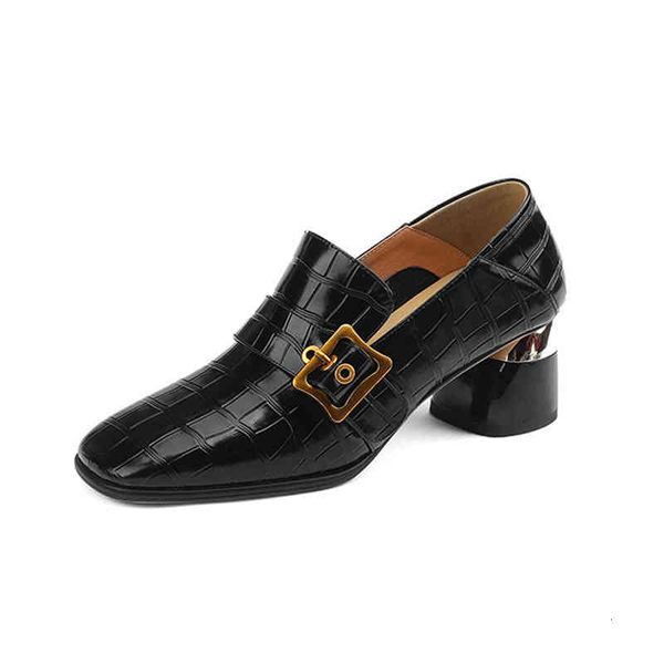 

dress shoes autumn and winter women's shoes square head thick heels high riveted metal loafers cow leather deep mouth single women ap57, Black