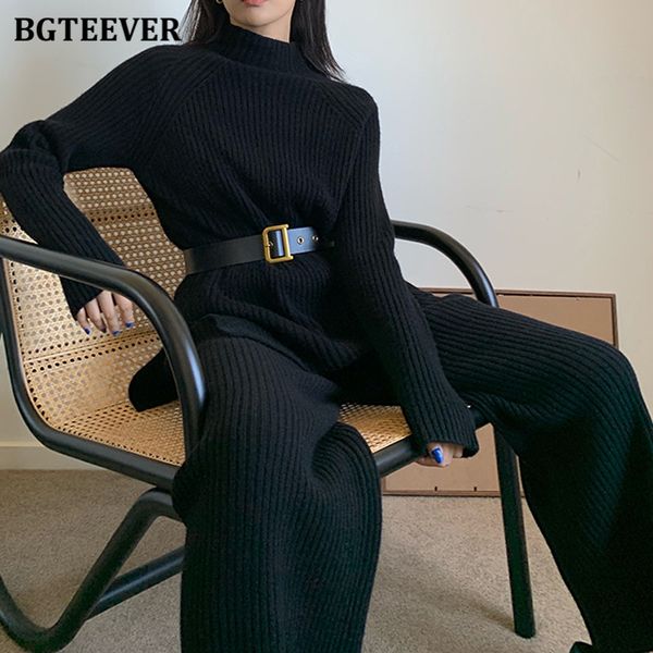 

vintage women solid knitted set 2021 autumn long sleeve pullovers &amp elastic waist pants ladies 2 pieces sweaters set, White;black