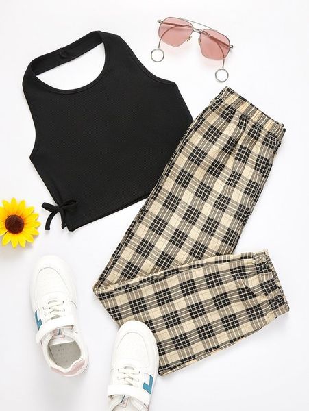 

girls knot side halter & plaid pants she, White