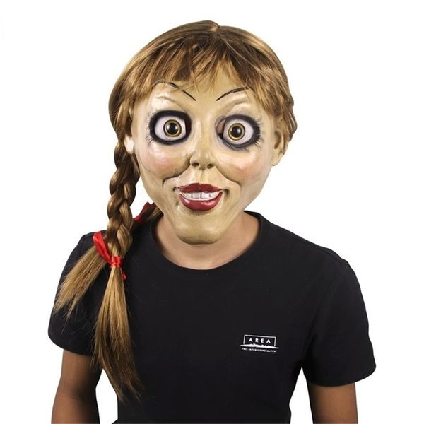 Halloween Annabelle Cosplay Mask Cosplay Cosplay Annabel Filme assustador Filme para adultos Full Head Head Latex Wigs Máscara de festa 220812