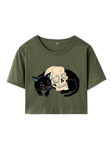 

romwe x vincenttrinidadart skull & cat print tee j2sb#, White