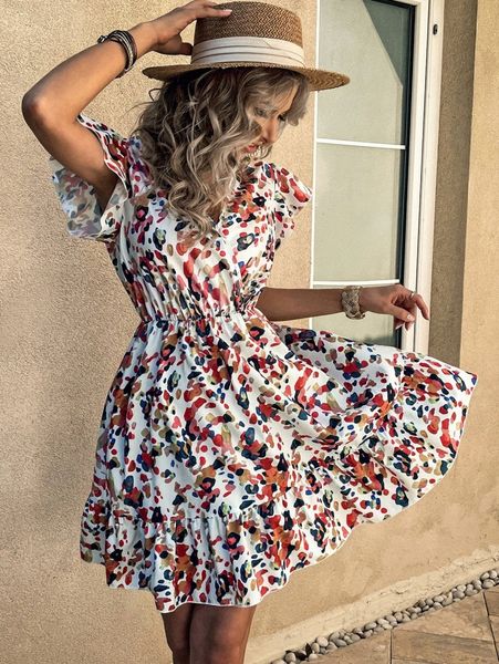 

allover print flutter sleeve overlap collar ruffle hem dress r8j7#, Black;gray