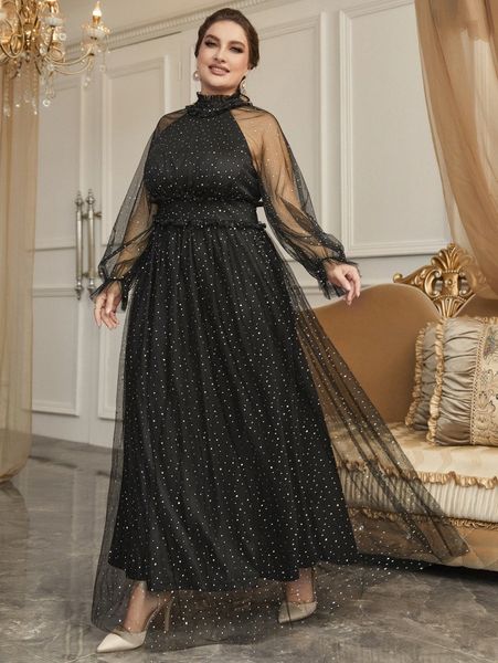 

plus frill trim flounce sleeve dobby mesh dress t5rj#, Black